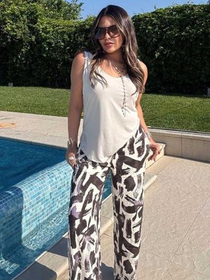 Kahve Mor Viskon Beli Lastikli Desenli Pantolon