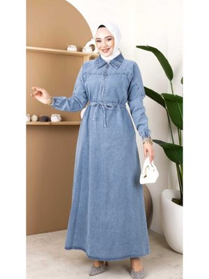 Belden Bağcıklı Fermuar Detaylı Kot Elbise