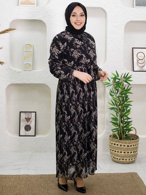 Siyah Çiçek Desenli Pileli Elbise