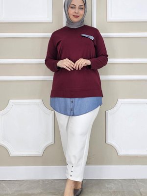 Bordo Kot Kombinli Düğme Detaylı Tunik Bordo Kot Kombinli Düğme Detaylı Tunik