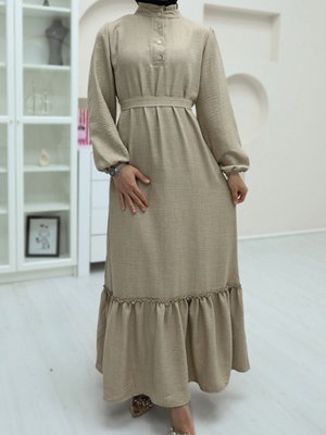 Bej Yakası Fırfırlı Düğme Detaylı Eteği Parçalı Keten Elbise