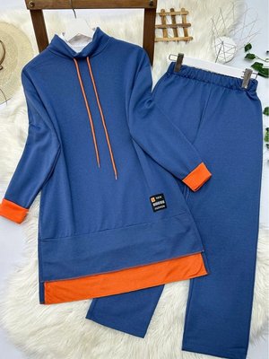 İndigo Turuncu Detaylı İki İp Penye İkili Takım