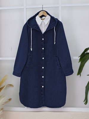 Laci Kapüşonlu Düğmeli Oval Kesim Kot Kap