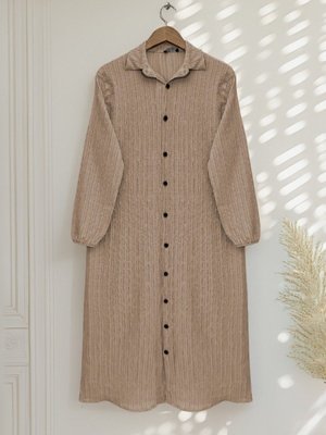 Vizon Boydan Düğmeli Kolu Lastikli Uzun Krinkıl Tunik