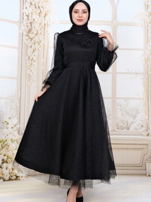 Siyah Kolu Lastikli Kuşaklı Simli Kabarık Tül Abiye Elbise