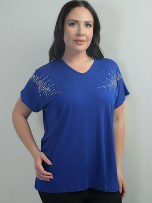 Saks Mavi Omuzu Taş Baskılı V Yaka Yarasa Kol B.b. Bluz