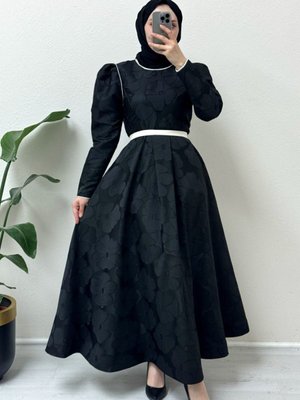 Siyah Kemerli Balon Etek Soğuk Baskı Kaftan Abiye Elbise