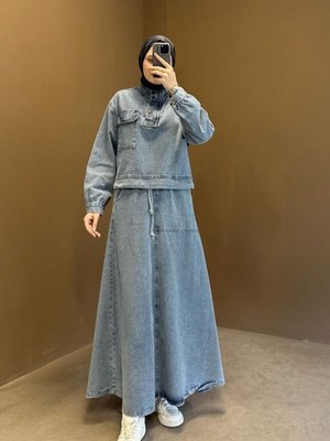 Mavi Cep Detaylı Eteği Lastikli Denim İkili Takım Mavi Cep Detaylı Eteği Lastikli Denim İkili Takım