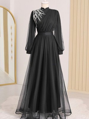 Siyah Önü Taş Detaylı Drapeli Kemerli Tül Abiye Elbise