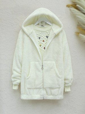 Ekru Kanguru Cepli Kapüşonlu Peluş Mont