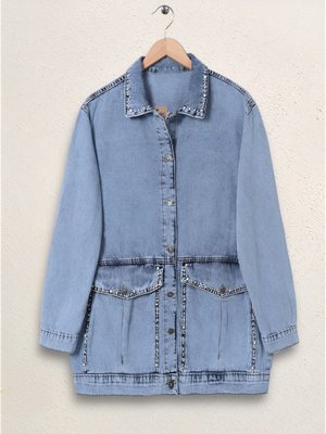 Buz Mavi Yaka Ve Ceplerinde Taş İşlemel Kot Ceket