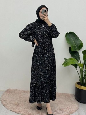 Siyah Kırçıllı Belden Büzgülü Abiye Elbise