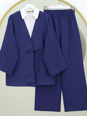 Lacivert Önden Bağlamalı Pantolonlu Kimono İkili Takım Lacivert Önden Bağlamalı Pantolonlu Kimono İkili Takım