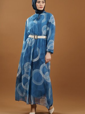 Lacivert Desenli Kemerli Elbise