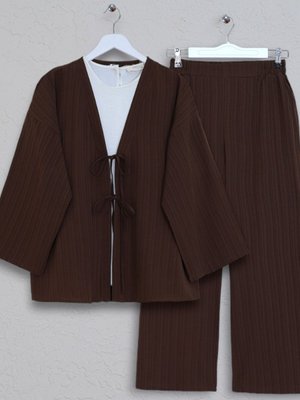 Kahve Önü Çift Bağcıklı Pantolonlu Krınkıl İkili Takım