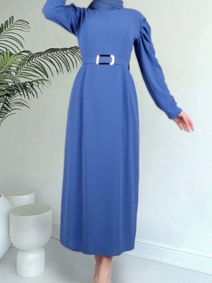 İndigo Karpuz Kol Tokalı Kemerli Elbise