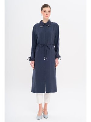 Lacivert Yakası Boncuk Kolu Büzgü Detaylı Astarsız Modal Kap