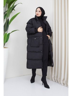 Siyah Gizli Kapüşonlu Elyaf Dolum Şişme Kaban