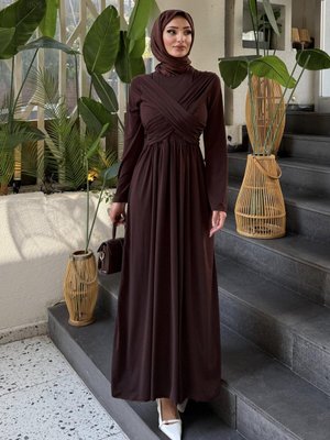 Kahverengi Linda Taşlı Kahve Abiye Elbise Kahverengi Linda Taşlı Kahve Abiye Elbise