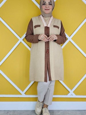 Bej Yakası Taş Detaylı Kimono İkili Takım
