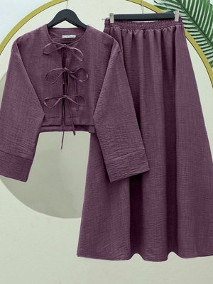 Mürdüm Önü Bağcıklı Beli Lastikli Etekli Keten İkili Takım