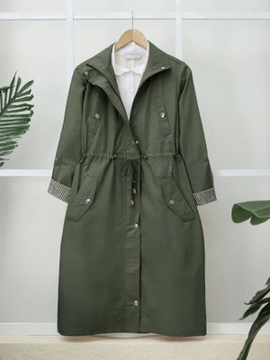 Haki Tünel Bağcıklı Üst Cep Detaylı Astarsız Yıkamalı Organik Koton Trenckot