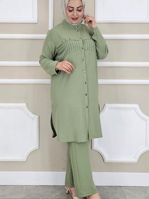 Yeşil Kombinli Taş Detaylı İkili Takım