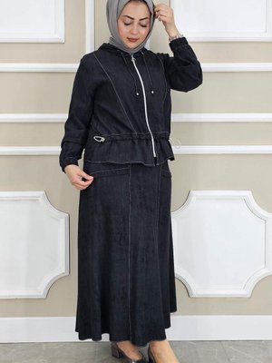 Siyah Kapüşonlu Etekli İkili Takım