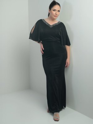 Siyah Ön Arka Taşlı V Yaka Astarlı Dekolteli Yarasa Kollu Uzun Simli Büyük Beden Elbise