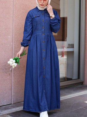 İndigo Kolu Lastikli Boydan Düğmeli Çift Cepli Kot Elbise İndigo Kolu Lastikli Boydan Düğmeli Çift Cepli Kot Elbise