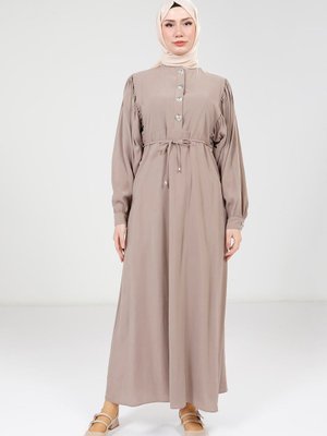 Bej Düğme Detaylı Modal Elbise