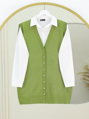 F.yeşili V Yaka Düğmeli Triko Yelek