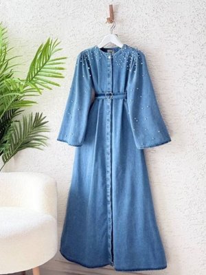 Mavi Kalp Kemerli İnci Detaylı Denim Kap Pardesü Mavi Kalp Kemerli İnci Detaylı Denim Kap Pardesü