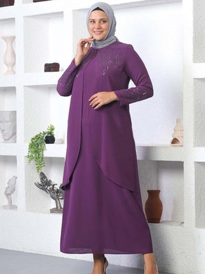 Mürdüm Taş İşlemeli Mevsim Krep Kumaş Abiye Elbise