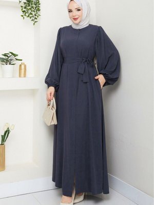 Antrasit Kolu Lastikli Beli Bağlamalı Fermuarlı Ferace Antrasit Kolu Lastikli Beli Bağlamalı Fermuarlı Ferace