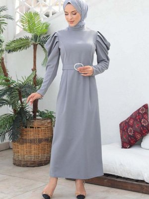 Gri Balon Kol Abiye Elbise Gri Balon Kol Abiye Elbise