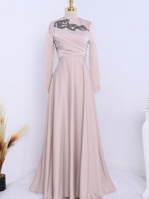 Pudra Yakası Taşlı Önü Drapeli Abiye Elbise