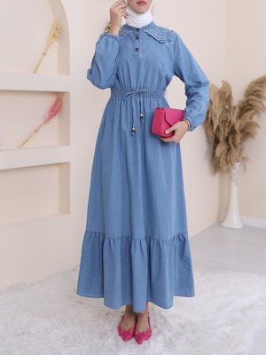 Buz Mavi Omuzu İncili Beli Lastikli Parçalı Uzun Kot Elbise