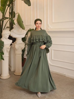 Haki Ankanoor Çift Fırfırlı Salaş Elbise