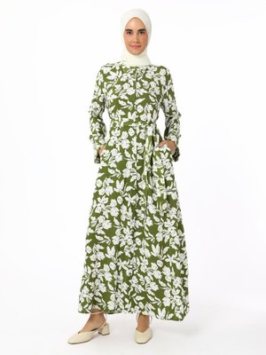 Boydan Düğmeli Viskoz Elbise Yesil