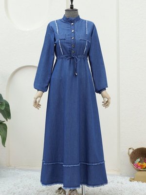 İndigo Yarım Düğmeli Püskül Detaylı Tünel Bağcıklı Kot Elbise