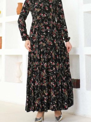 Siyah Çiçek Desenli Viskon Elbise