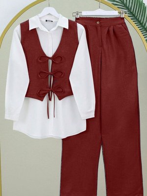 Bordo Yeleği Bağcıklı Bol Paça Pantolonlu İkili Keten Takım