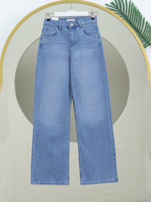 Buz Mavi Çok Cepli Yüksek Bel Kot Pantolon