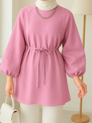 Pembe Yuvarlak Yaka Beli Bağcıklı Balon Kol Tunik