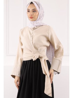 Bej Bel Bağlamalı Modal Gömlek Bej Bel Bağlamalı Modal Gömlek