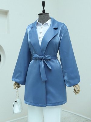 İndigo Kolları Volanlı Bağcıklı Saten Ceket İndigo Kolları Volanlı Bağcıklı Saten Ceket