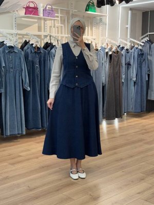 Lacivert Gizli Mini Cep Detaylı Kot Yelek Etek İkili Takım