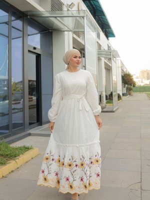 Beyaz Ankanoor Etek Ucu Nakışlı Astarlı Keten Elbise