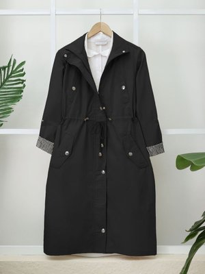 Siyah Tünel Bağcıklı Üst Cep Detaylı Astarsız Yıkamalı Organik Koton Trenckot